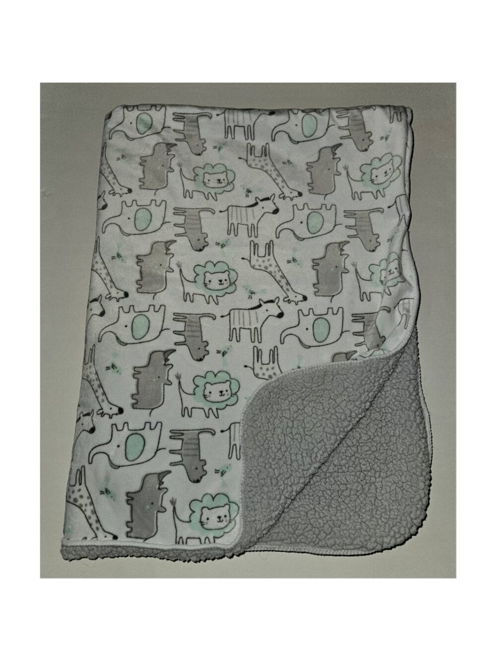 Just Born Fleece Baby Blanket Gray White Green Elephant Rhino Giraffe Zebra Lion